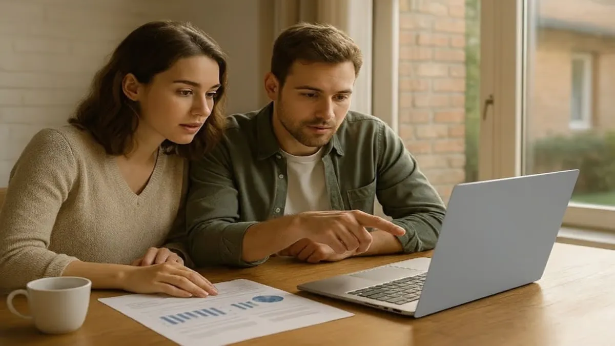 Hypothecaire lening 2025: stabiele rente, 2% registratierechten en slimme keuzes 1 Belgisch koppel bekijkt hypothecaire lening-simulatie Belgische rente woonlening woonkrediet vergelijk registratierechten notaris kosten